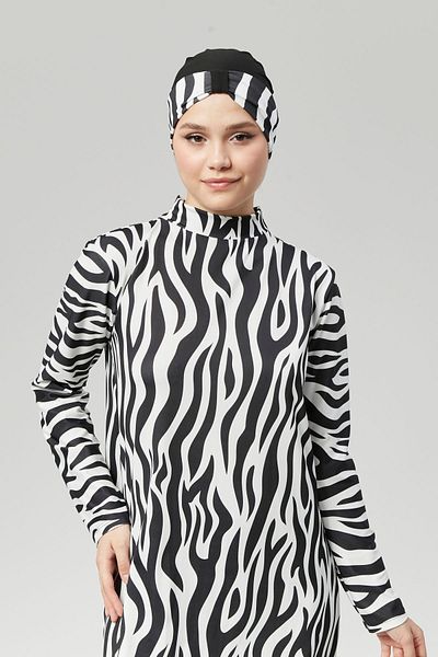 FİT1BEDEN Full Covered Water Repellent Fast Drying Hijab Swimsuit Suit Zebra Model 1010