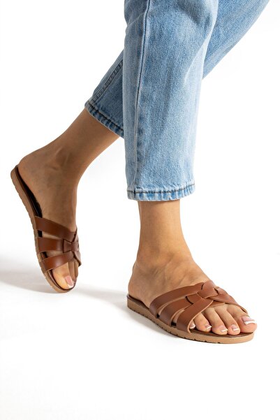 MY MİA MODA Ringed Tan Women's Slippers Outdoor and Home Slippers