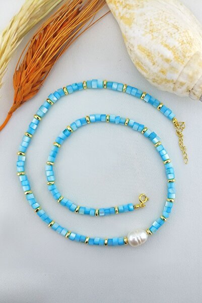 VAOOV 925 Ayar Gümüş Mavi Sedef Taşlı Inci Kolye