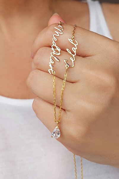 VAOOV 925 Ayar Gümüş Iki Isimli Damla Taşlı Kolye