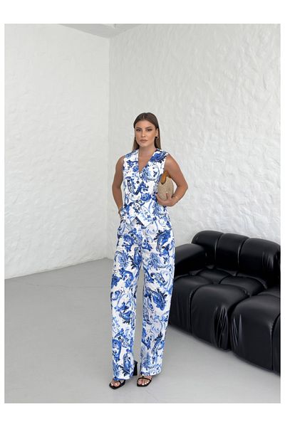 Elif Özbey Butik Set pantaloni vestă cu model alb albastru