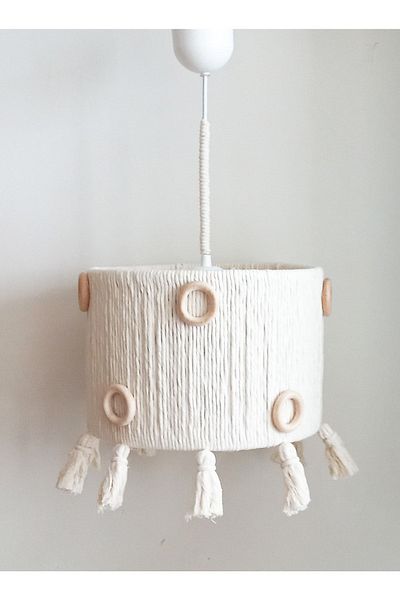 C&A&B KUZEY AVİZE Ecru Macrame Rope Wrap Ring Wooden Beaded Living Room Young Room Baby Kids Room Design Pendant Lamp Chandelier