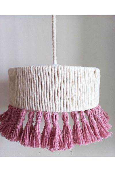 C&A&B KUZEY AVİZE Ecru Macrame Rope Wrap Pink Fringed Design Baby - Child - Teen Room Design Pendant Lamp Chandelier