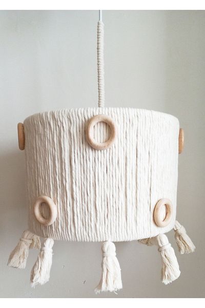 C&A&B KUZEY AVİZE Ecru Macrame Rope Wrap Ring Wooden Beaded Living Room Young Room Baby Kids Room Design Pendant Lamp Chandelier