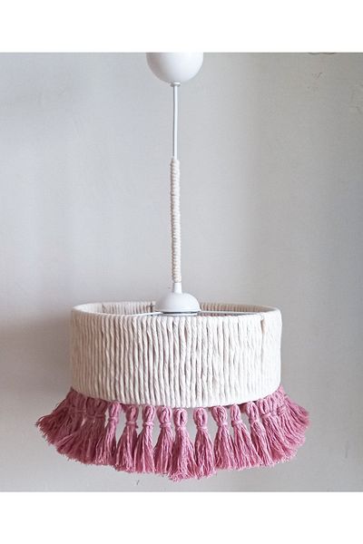 C&A&B KUZEY AVİZE Ecru Macrame Rope Wrap Pink Fringed Design Baby - Child - Teen Room Design Pendant Lamp Chandelier