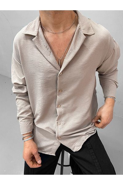 King Brothers Men's Oversize A.beige Linen Look Ayrobin Shirt Thin Summer