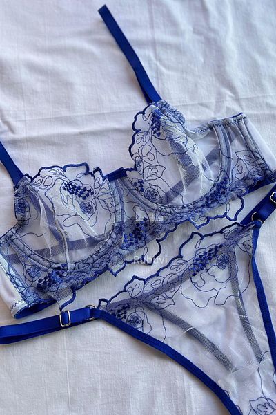Rubuvi Blue Women Brode Underwire Ruched Bralet Dowry Sexy Fancy Interior Wear Sutiene Chiloți Set de lenjerie