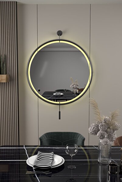 SEVİNÇ KONSEPT LED li İzmir Ayna SİYAH 60 cm Dekoratif Hol Koridor Duvar Salon Mutfak Banyo Wc Ofis Makyaj Aynası