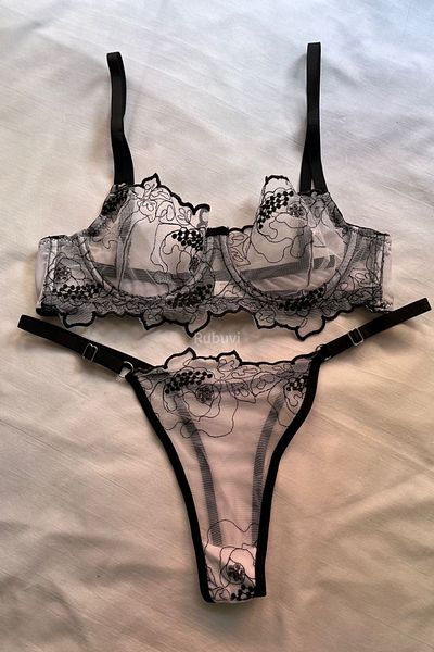 Rubuvi Μαύρο γυναικείο Brode Underwire Ruched Bralet Προίκα Σέξι φανταχτερό εσώρουχο Σουτιέν Σετ πλυντηρίου