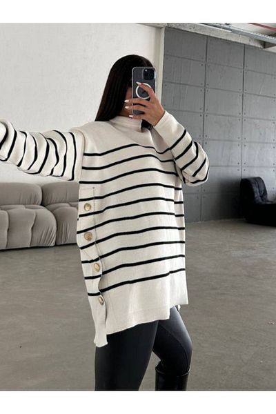 lovebox Knitwear Women's Sweater - Striped Pattern, Half Turtleneck, Metal Button Detail 105