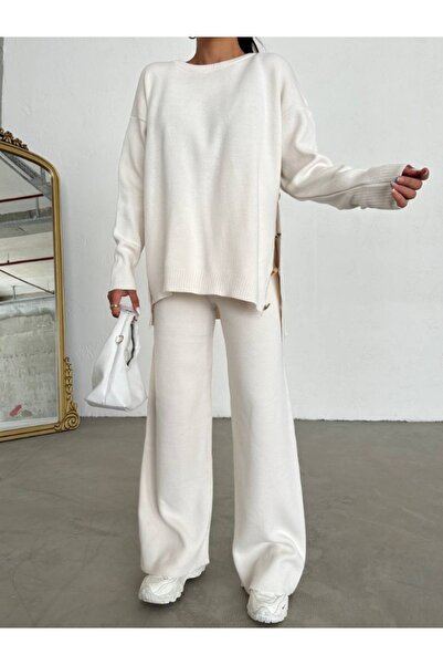 lovebox Crew Neck and Button Detailed Knitwear Sweater and Wide Leg Trousers - 104