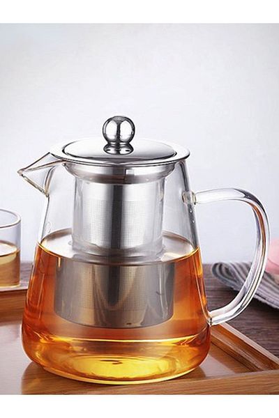 morponi Borosilicate Glass Steel Strainer and Lid Oval Design Luxury Tea & Coffee Teapot 750 Ml (IPC)
