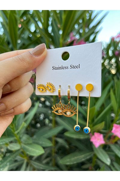 PONÇİK ACCESSORİES Figured Steel Eye and Evil Eye Bead Set - Earrings