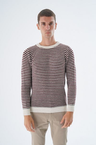 Trist Star Beige Crew Neck Striped Men's Sweater - 4 Colors, Brass Thessaloniki Nopen