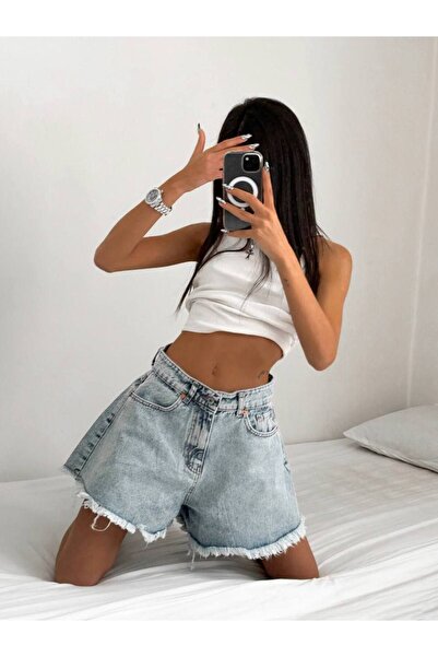 Alien 1979 Paça püsküllü mavi jean kısa şort