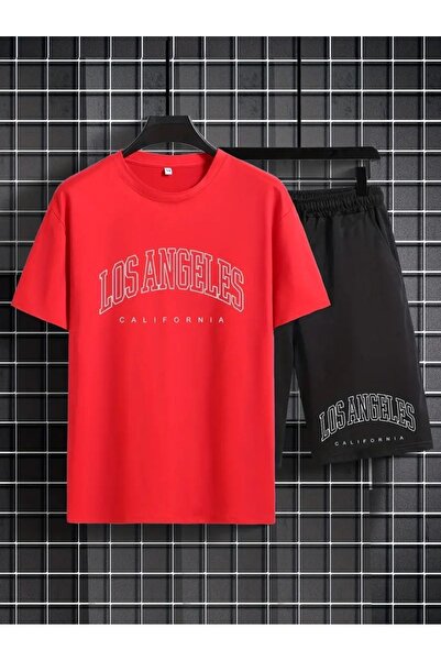StartMore Ανδρικό Κόκκινο T-Shirt "Los Angeles Printed" Basic Oversize - Σετ ...