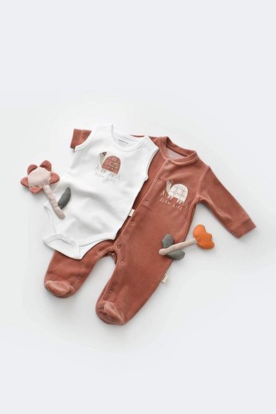 BabyCosy Set body și body pentru bebeluși din catifea - 80% bumbac organic, 20% poliester, papuci țestoși