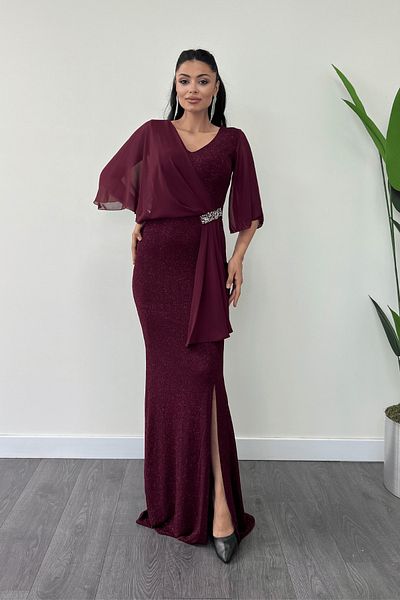 giyimmasalı Glitter Fabric Chiffon Shawl Detailed Evening Dress - Claret Red