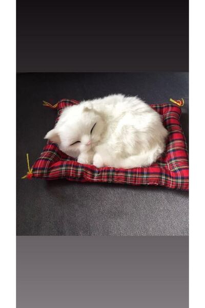 Piraye Hediyelik Eşya Minderde Uyuyan Peluş Kedi Beyaz