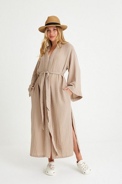 Miespiga Kimono caftan pentru femei Maxi bej - 100% bumbac, design cu curea în talie