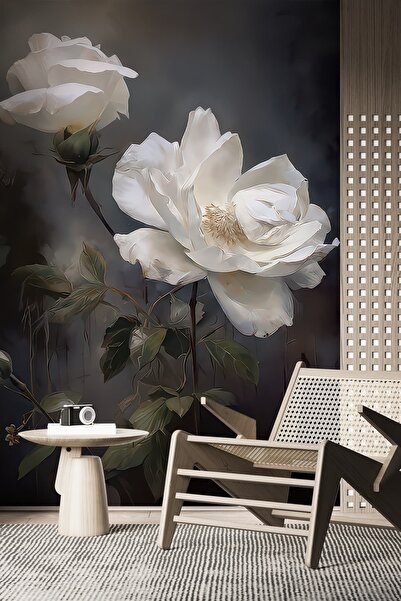 Dekoros Beyaz Gül Duvar Kağıdı, Çiçek Desenli Oturma Odası Duvar Kağıtları YF...