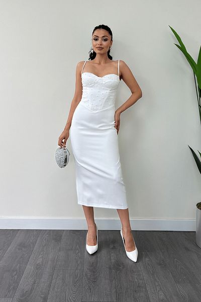 giyimmasalı Atlas Fabric Pearl Λεπτομερές Φόρεμα με Κρεμαστό Μολύβι - ΛΕΥΚΟ