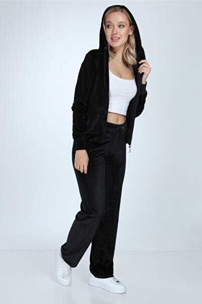 İkmal Bezkamenný černý sametový oblek s širokými nohami