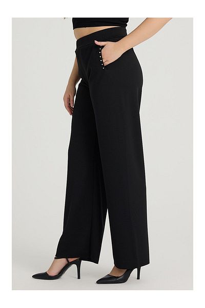 Gül Moda High Waist Lycra Women's Combed Cotton Trousers - Stone Detailed, Elastic Waist, Wide Leg G111-1