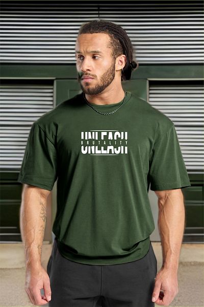 BESSA Unleash Printed Khaki Oversize βαμβακερό αθλητικό μπλουζάκι - Crew Neck