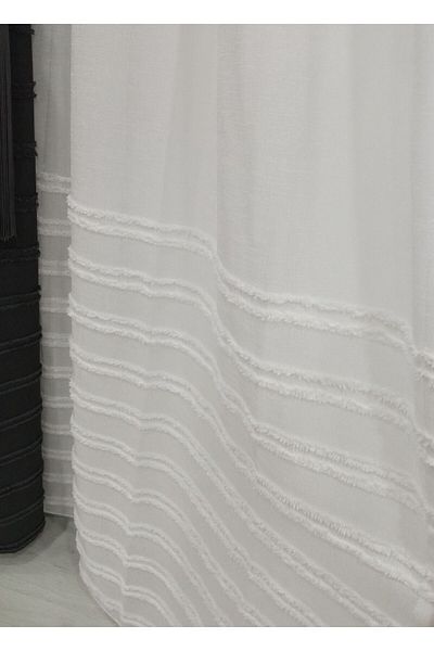 Vinaldi Ecru Linen Floor - Bearded Tulle Curtain, 1/3 Close Pleat