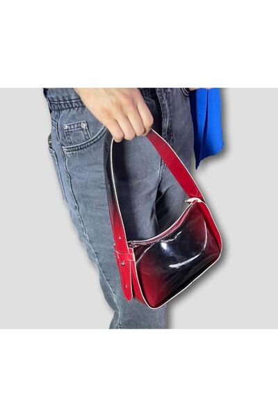 YMZBAG Baguette din piele lacuita de culoare dubla neagra rosie claret