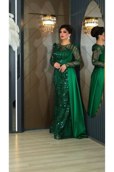 ZENABİYEM Zena Fashion Boncuk Nakışlı Kuşaklı Saten Abiye Elbise