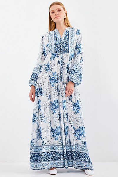 Bigdart 2423 Modell Authentisches gemustertes blaues Kleid