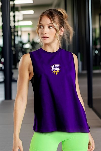 BESSA Beast Mode Printed - Purple Oversize Cotton Sleeveless Women's T-shirt/Singlet