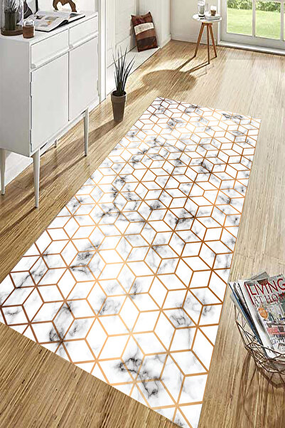 Vertigo Gold Colored White Carpet - Runner, Long Carpet, Non-Slip Runner, Washable Carpet, Living Room Carpet