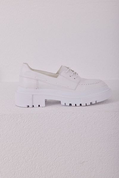 Madamra White Women's Lacing Detailed Serrated Thick Soled Loafer Shoes