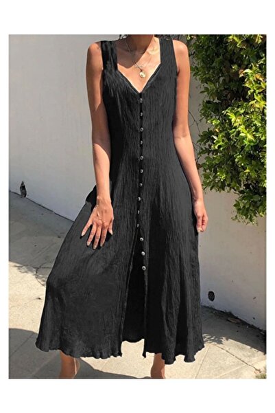 Barbora Bürümcük Kumaş Günlük Rahat Düğmeli Askılı Elbise Ln06siyah