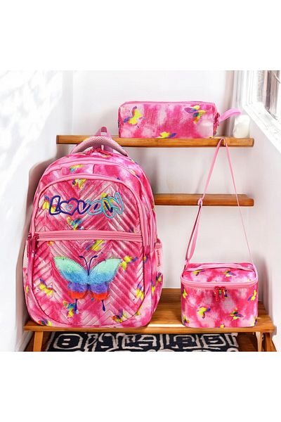 Shopiolog Orthopedic 3-Piece Set for Girl Primary School - 3 Compartments with Pen Holder, Lunchbox and Water Bottle