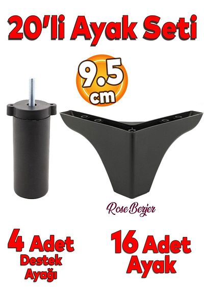 Badem10 Set de 20 de piese Rose Canapea Mobilier Canapea Canapea Unitate TV Upgrade Suport Picior 9,5 cm Picioare negre