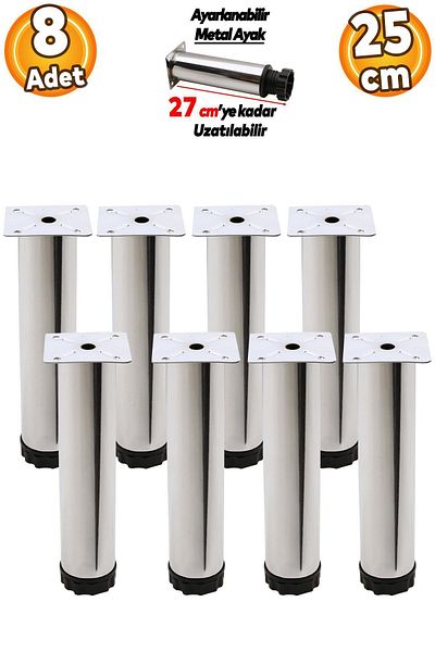 Badem10 Adjustable Furniture Sofa Base Armchair Metal Support Riser Leg 25cm Chrome Feet (8Pcs)