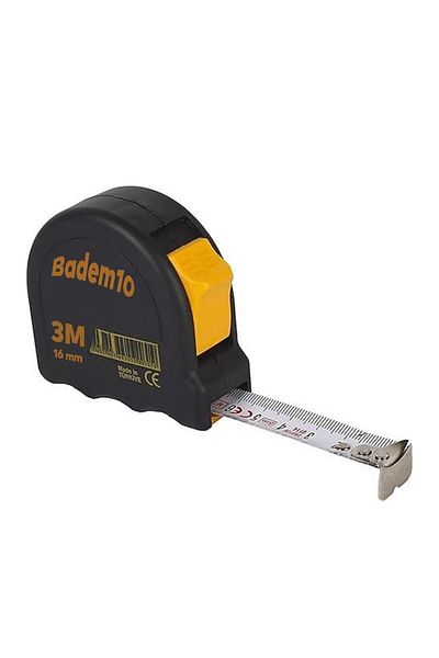 Badem10 Metal cu bandă neagră - 3 m x 16 mm, măsurare, măsurare, cu carcasă de plastic cu butoane