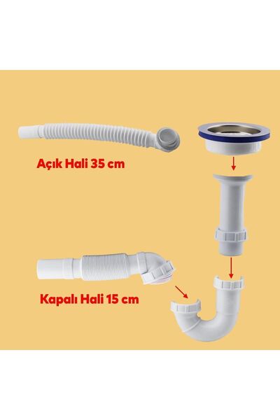 Badem10 Süzgeçli Geniş Kafalı Körüklü Işyeri Evye Lavabo Sifonu Pis Su Gideri Borusu Plastik 15-35 Cm