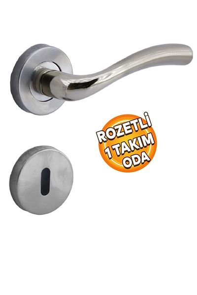 Badem10 Stainless Nickel Inox Full Moon Room Door Handle with Apartment Badge - Fit Right and Left (1 Set)