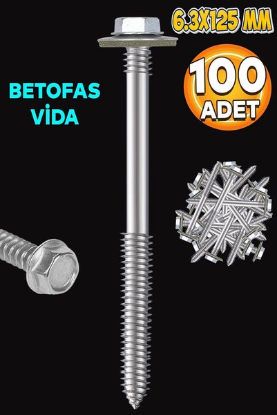 Badem10 Betofast Vidası 6.3x125 mm Paket 100 ADET Sivri Uçlu Çatı Panel Beton...