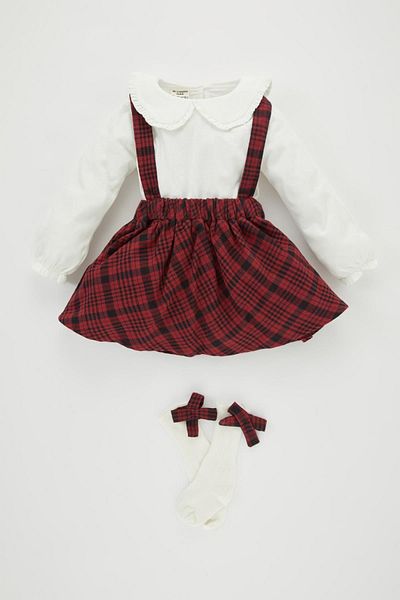 DeFacto Checked Salopet Dress, Long Sleeve T-Shirt and Socks 3 Piece Set for Baby Girl - B2380a523wn