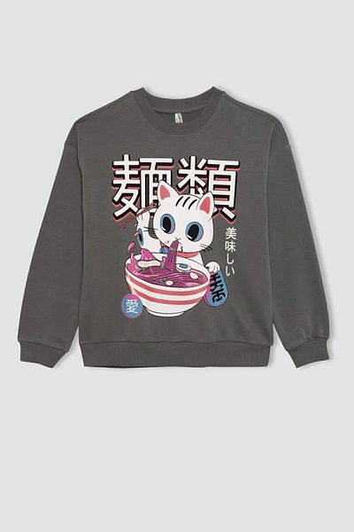 DeFacto Girl's Oversize Wide Fit Crew Neck Printed Sweatshirt C0080A824Sp
