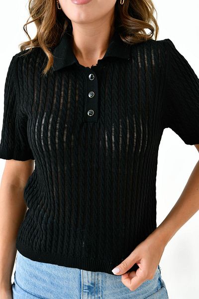 lovebox Knitwear Fabric Knit Design - Black Short Sleeve Sweater with Shirt Collar and Button Detail 23070