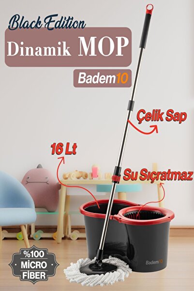 Badem10 Black Edition Mikrofiber Süper 360 Otomatik Temizlik Seti Kova Mop Se...