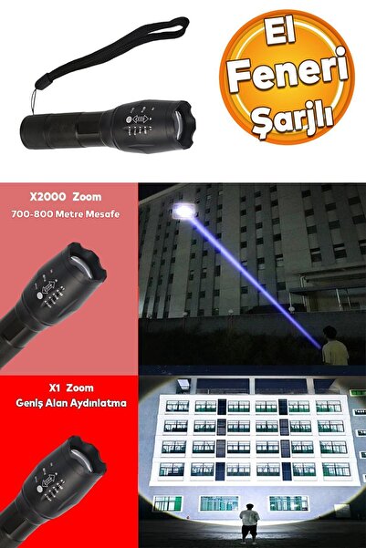 Badem10 El Feneri Şarjlı P50 Ledli Işıldak Kamp Lambası Gece 800 metre Uzun M...