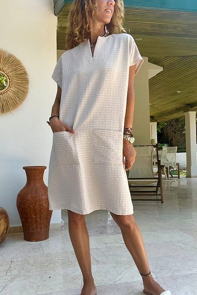 Güneşkızı Beige Loose Dress - Slit Collar, Pocket, Soft Texture Bst3655